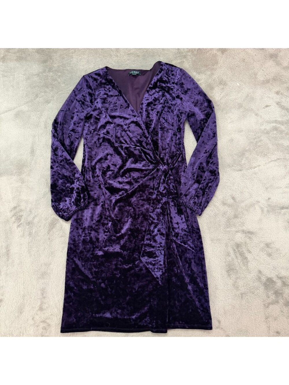 Lauren Ralph Lauren Purple Crushed Velvet Long Sleeve Dress 14 Midi Stretch